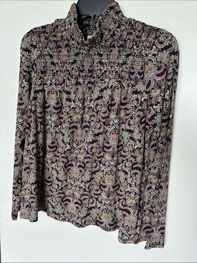 J.Jill Smocked High-Neck Floral Blouse in Deep Plum, small, NWOT